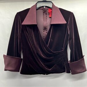 JS Collections Burgundy Velvet Faux Wrap Top Zip Back Wide Satin Cuffs/Collar 6P